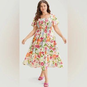 14/16 1X BloomChic Floral Shirred Square Neck Ruffle Hem Dress